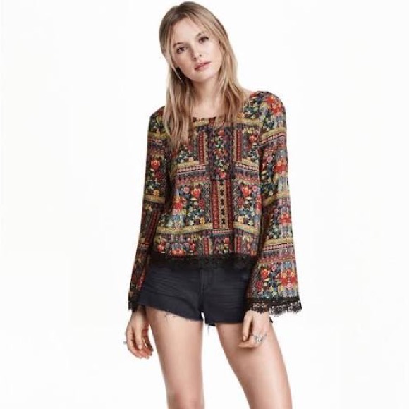 H&M Tops - H&M Coachella Floral Flowy Boho Lace Trim Bell-Sleeve Long Sleeve Strappy Shirt
